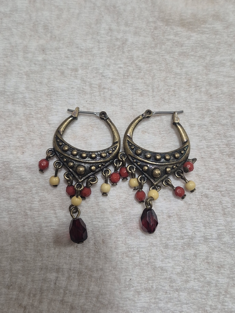Vintage Bohemian Red and Cream Beaded Crescent Hoop Earrings